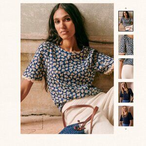 Sézane Navy Floral Cléa T-Shirt Cara Print Blouse 100% Organic Cotton